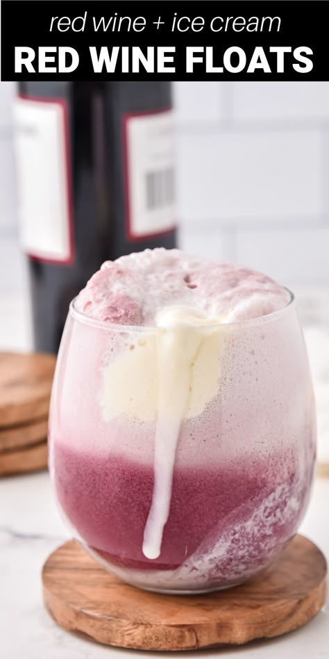 These delicious Red Wine Ice Cream Floats take two of your favorites, wine and ice cream, and combines them into the ultimate fruity dessert cocktail. They are a perfectly refreshing adult beverage and a great way to cool off on a hot summer day! Wine Floats Ice Cream, Wine Sorbet Recipes, White Wine Dessert, Ice Wine Cocktails, Ice Cream And Alcohol, Wine Ice Cream Float, Root Beer Float Party, Wine And Ice Cream, Red Wine Ice Cream