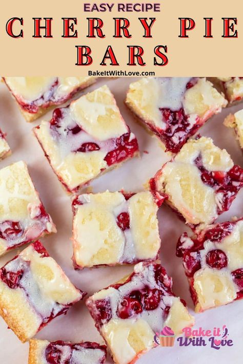 Cherry pie bars with vanilla icing are a delicious fruit dessert that is perfect for serving a crowd at any get-together! The sweet vanilla glaze requires only 3 ingredients and is perfect for topping off the golden buttery crust stuffed with cherry pie filling. Bring these cherry pie squares to a party, gathering, or potluck and everyone will want to know the recipe! BakeitWithLove.com #dessertbars #cherryfilling #pie #bakeitwithlove Recipe For Cherry Pie, Cherry Pie Filling Recipes Easy, Cherry Pie Bars Recipe, Pie Squares, Fresh Cherry Recipes, Cherry Pie Filling Recipes, Cherry Recipes Dessert, Easy Dessert Bars, Cherry Pie Bars