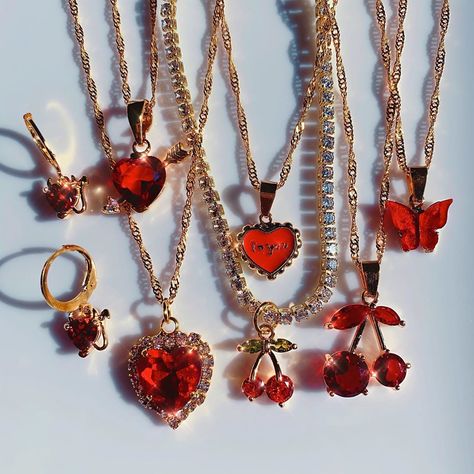 Choose Love Jewelry on Instagram: “Red is the theme❤️🧨🎈💃🩸” Red Aesthetic Jewelry, Gold And Red Jewelry, Red Jewerly, Red Items, Red Theme, Fruit Jewelry, Red Accessories, Gold Aesthetic, Love Jewelry