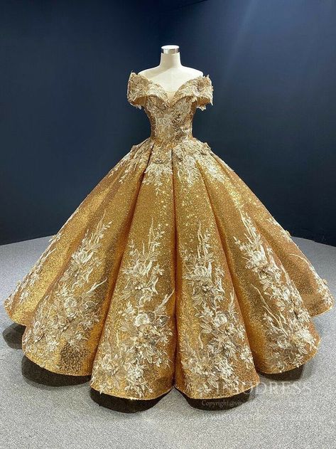 Beauty And The Beast Quince, Gold Ball Gown, Themed Bedrooms, Prom Inspo, Quince Dress, Gold Gown, Prom Dance, Floor Length Gown, Quince Dresses