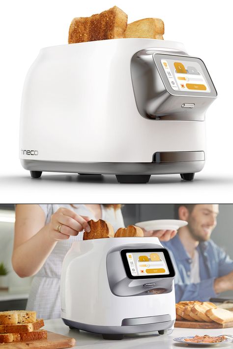 A futuristic smart toaster with a touchscreen that allows you to customize the toasting process of two slices of bread at the same time for personalized perfection. Toaster Touch Screen, Smart Toaster, Digital Toaster, Bosch 2 Slice Ergo Toaster, Smag Toaster, Slice Of Bread, Touch Screen, Bread