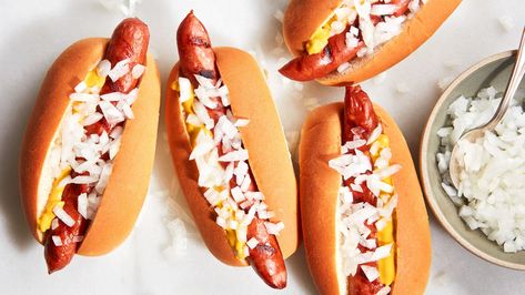 Toasted Hot Dog Buns, Chicken Hot Dogs, Chicken Franks, Chicken Hot Dog, Best Hot Dogs, Black Bean Ground Beef, Chilli Dogs, Good For Diabetics, Hot Dog Toppings