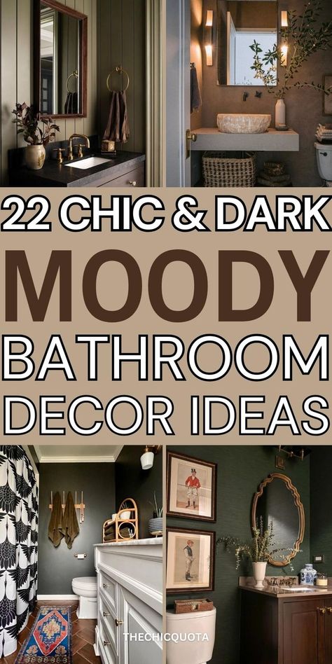 moody bathroom Mood Bathroom Ideas, Dark Boho Bathroom Decor, Moody Windowless Bathroom, Moody Bathroom White Vanity, Dark Walls In Bathroom, Brown Moody Bathroom, Dark Brown Moody Bathroom, Moody Burgundy Bathroom, Dramatic Bathroom Colors