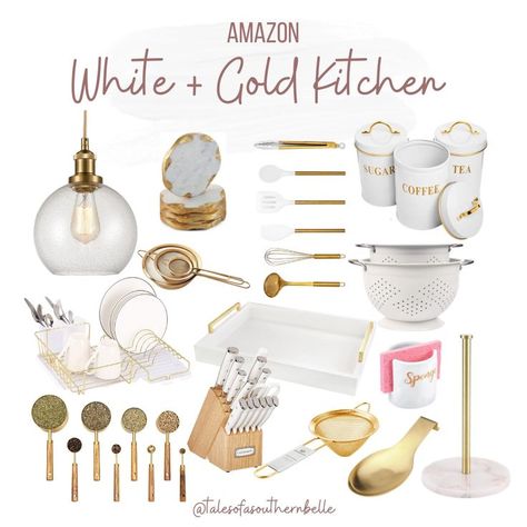 Black White And Gold Kitchen Decor, White And Gold Cabinets Kitchen, White And Gold Farmhouse Kitchen, Gold And Gray Kitchen, Wood And Gold Decor, White Gold House Decor, Beige Kitchen Decor Ideas, Kitchen Decor Gold Accents, Kitchen Ideas Gold And White