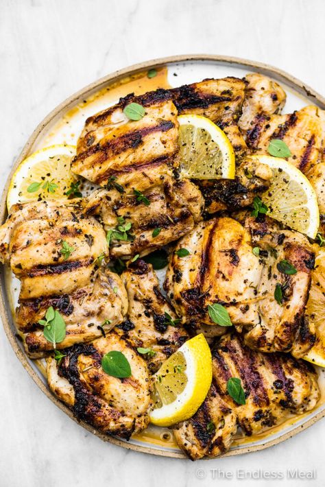 This lemon garlic chicken marinade is super simple to make, healthy, and full of flavor. Simply marinate your favorite chicken in lemon juice, oil, garlic, and herbs then grill it, bake it, or freeze it for later! #chicken #chickenmarinade #lemongarlic #glutenfree #healthy #easymeal #marinade #marinate #chickenrecipe #theendlessmeal Lemon Garlic Chicken Marinade, Spicy Chicken Marinades, Marinade For Grilled Chicken, Garlic Chicken Marinade, Lemon Chicken Marinade, Chicken Pasta Dishes, Grilled Chicken Marinade, Garlic Marinade, Chicken Marinade Recipes