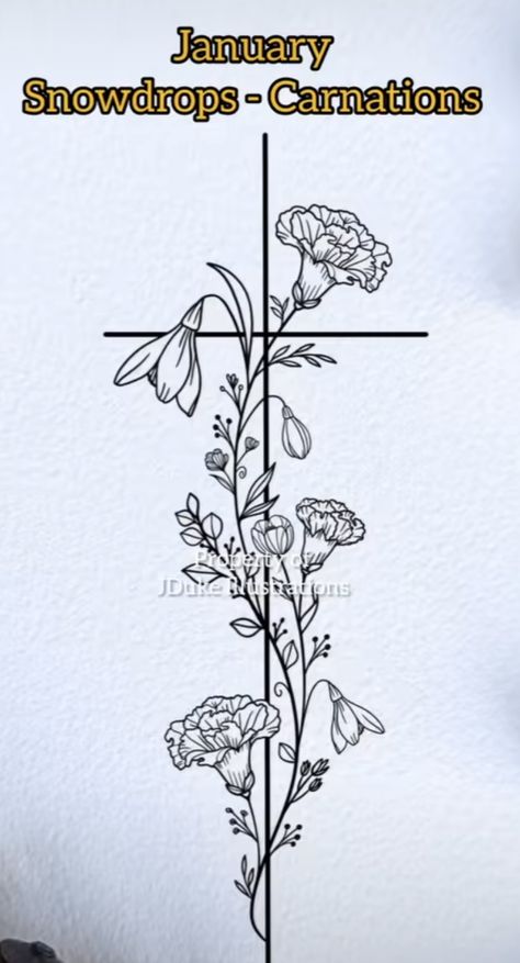 Carnation Flower Bouquet Tattoo, Snow Drop And Poppy Tattoo, Carnations And Snowdrops Tattoo, January Snow Drop Tattoo, Snow Drop And Carnation Tattoo, January Tattoo Ideas Birth Month, January Tattoo Ideas Births, Carnation And Snowdrop Tattoo, Rose And Carnation Tattoo