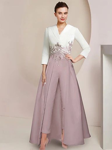 Two Piece Jumpsuit / Pantsuit Mother of the Bride Dress Formal Elegant Shirt Collar Floor Length Stretch Chiffon 3/4 Length Sleeve Wrap Included with Crystals Color Block 2024 2024 - $179.99 Mother Of The Groom Pant Suits Classy, Dress Formal Wedding Guest, Brides Mom, Formal Wedding Guests, Solid Color Jumpsuits, Two Piece Jumpsuit, Mother Of The Bride Dress, Elegant Party, Elegant Shirt