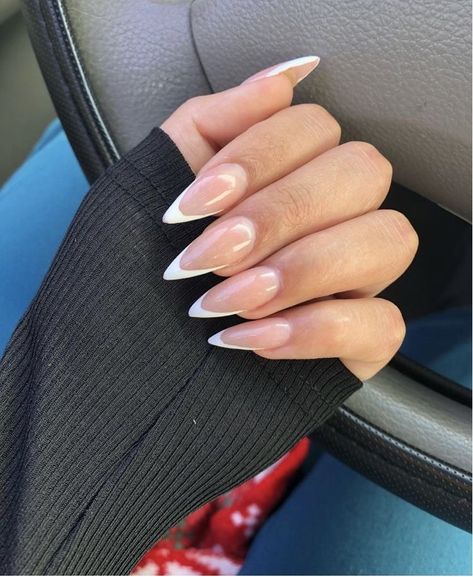 French Tip Nails Pointy, Almond Deep French Nails, French Tip Nails Sharp, Long French Almond Nails, White French Tip Nails Stiletto, Almondetto Nails, Long Almond Nails Designs, Stiletto French Nails, French Almond Nails