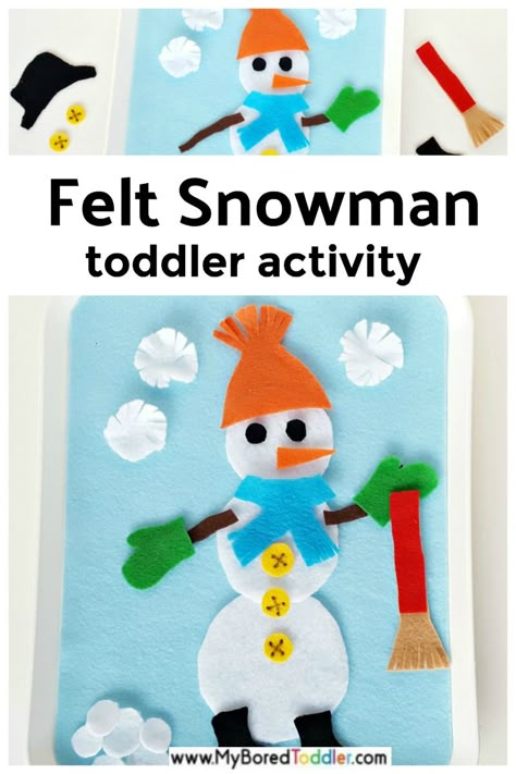 Snowman fine motor creative activity on the felt board - a fun Winter toddler activity idea or toddler busy bag for Christmas #finemotor #finemotoractivity #feltboard #feltcraft Toddler Christmas Books, Snowman Activity, Winter Crafts For Toddlers, Diy Schneemann, Homeschool Holidays, Snowmen Activities, Winter Play, Board Crafts, Felt Boards