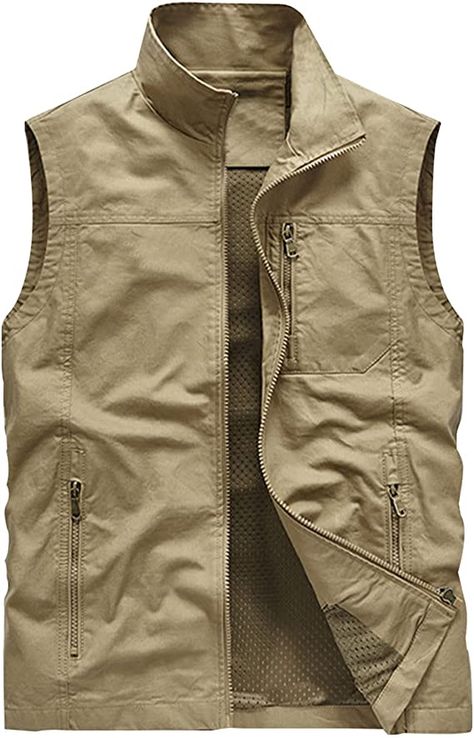 Gihuo Men' s Vests Outdoor Lightweight Travel Safari Fishing Vest(Khaki-M) at Amazon Men’s Clothing store Mens Vests Outdoor, Military Vest Outfit, Vest Uniform, Mens Outdoor Vest, Travel Safari, Tips Menjahit, Vest Outfits Men, Bulletproof Clothing, Hiking Vest