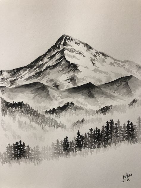 Mountain and hills #watercolor Drawings Of Mountains Landscapes, Landscape Ideas For Drawing, Mountainscape Drawing, Ridge Drawing Ideas, Mountain And Trees Drawing, Drawing Mountains Landscapes, Mountain Forest Drawing, Draw Mountains Easy, How To Draw Hills