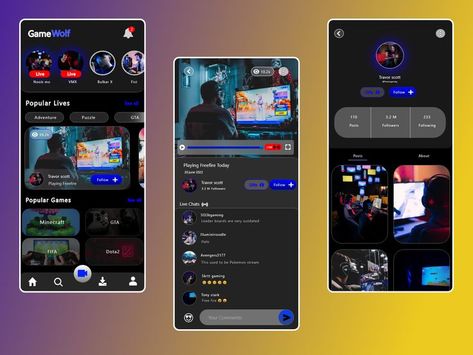 I designed a mobile application design about live streaming game and to watch videos related to different games.✌️ Live Streaming Design, Live Streaming App, Mobile Application Design, Game Streaming, Mobile Ui Design, Mobile App Ui, Application Design, Different Games, App Ui Design