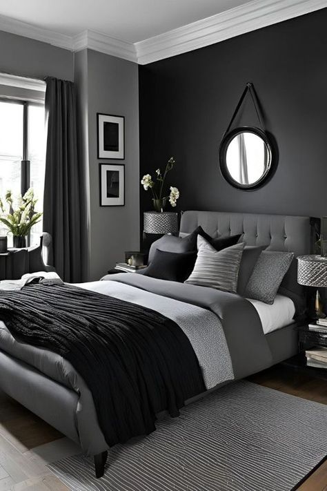 Grey Black Bedroom Decor, Grey Small Room Ideas, Bedroom Decor Black And Grey, Bedroom Design With Grey Bed, Black Paint Bedroom Ideas, Black Grey Room Decor Bedroom Ideas, Black Color Bedroom Ideas, Black And Gray Bedroom Decor, Gray White Black Bedroom