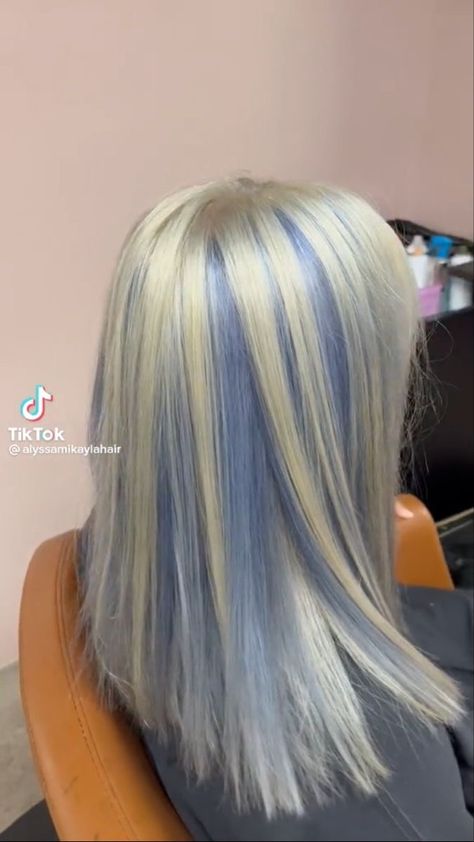 Colorful Streaks In Hair Blonde, White And Colored Hair, Blonde And Periwinkle Hair, Blonde With Streaks Of Color, Blonde With Colored Roots, Blue Hair Blonde Highlights, Hot Pink And Blonde Hair, Blonde Hair Blue Highlights, Hair Claims For Dr