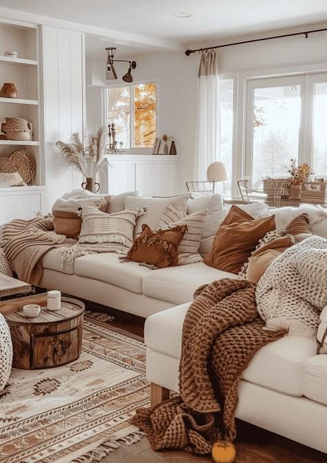 Fall Home Vibes, Fall Couch Pillow Ideas, Boho Fall Decor Ideas, Fall Couch Decor, Fall Couch, Fall Aesthetic Home, Fall Cozy Home, Modern Farmhouse Fall Decor, Fall Home Aesthetic