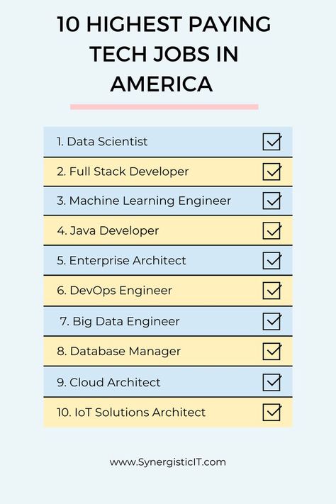 10 Highest Paying Tech Jobs in America Machine Learning Engineer, Cloud Architect, Devops Engineer, Health Priority, Solutions Architect, Data Engineer, Enterprise Architect, Java Developer, Cloud Computing Technology