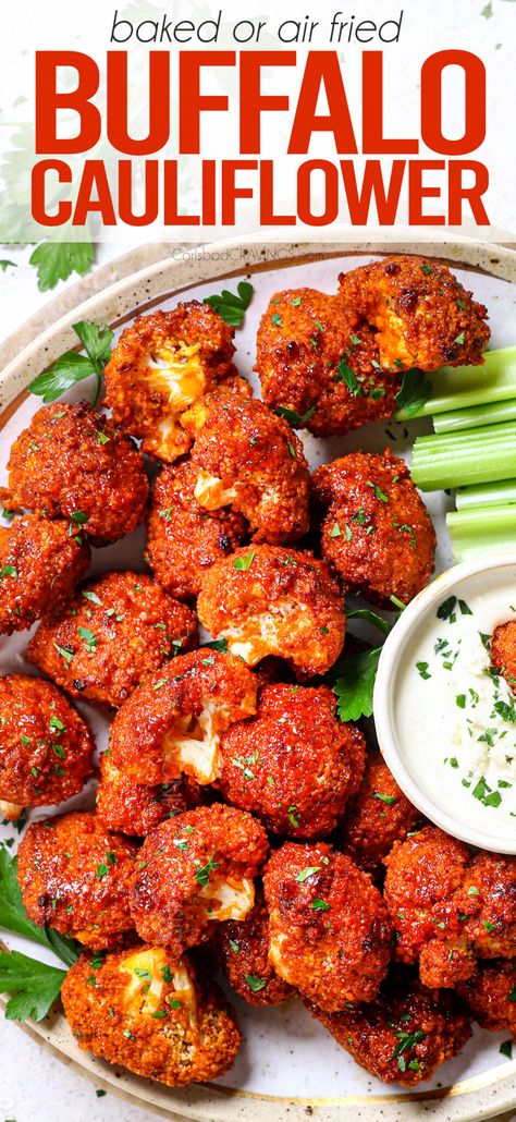 Buffalo Cauliflower Wings - Carlsbad Cravings Cauliflower Buffalo Bites, Buffalo Bites, Buffalo Cauliflower Wings, Buffalo Cauliflower Recipes, Cauliflower Buffalo Wings, Buffalo Cauliflower Bites, Carlsbad Cravings, Cauliflower Wings, Buffalo Cauliflower