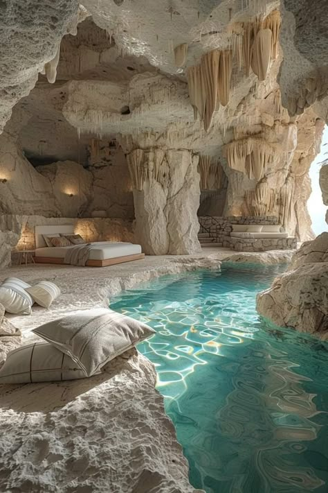 Indoor Pool Underground, Underwater Room, Cave Houses, Cave Pool, Cave Design, Architecture Home Design, Home Vision Board, Dream Bedroom Inspiration, Cave Home