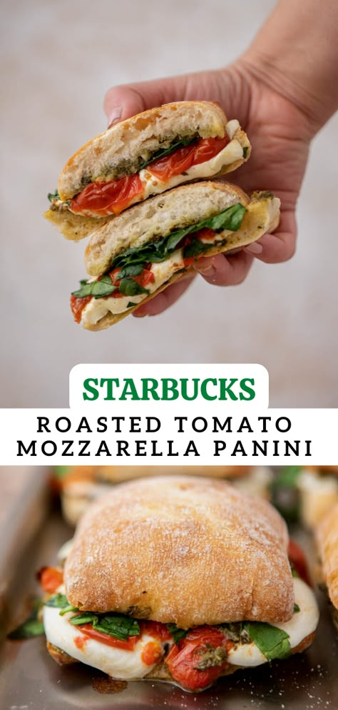 Make your lunch break extra special with this easy Starbucks copycat roasted tomato mozzarella panini recipe. Grilled to perfection and filled with the perfect balance of savory and tangy flavors, this sandwich will be your new go-to. Learn how to make it now! Tomato Mozzarella Panini, Tomato Mozzarella Sandwich, Mozzarella Panini, Starbucks Breakfast, Panini Recipe, Mozzarella Sandwich, Pesto Sandwich, Caprese Sandwich, Panini Sandwiches