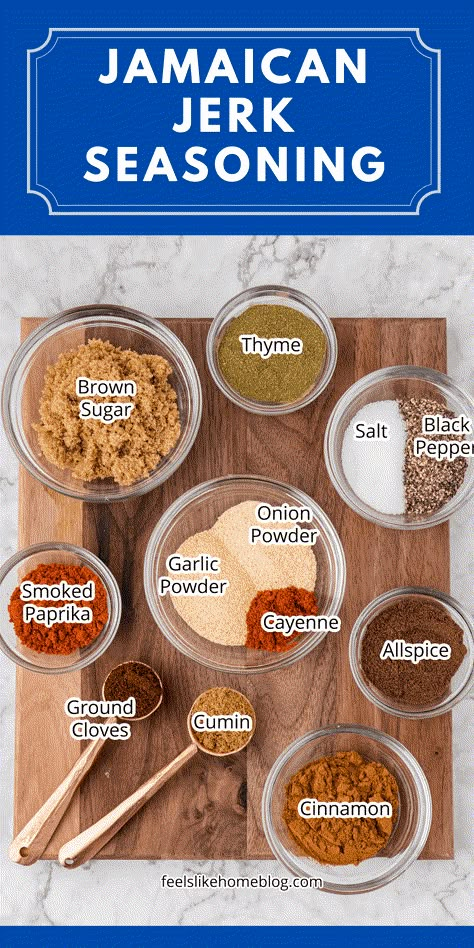 Jamaican Jerk Seasoning Spice Blend - Feels Like Home™ Diy Jamaican Jerk Seasoning, Jerk Seasoning Recipe Jamaica, Jamaican Jerk Dry Rub Recipe, Jerk Spice Blend, Homemade Jerk Seasoning, Diy Jerk Seasoning, Jamaican Jerk Marinade, Jamaican Jerk Seasoning Recipe, Jamaican Jerk Salmon Recipe