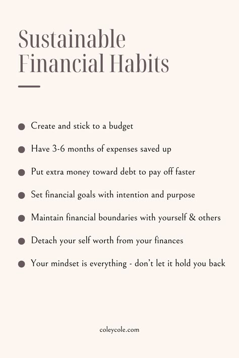 Creating sustainable financial habits will carry you far, especially in times of financial setbacks or instability. Having a support system and safety cushion to fall back on when times get tough is extremely vital to your financial health. It prevents you from falling back into old patterns or habits that are bad for your finances, such as putting everything on a credit card you can't pay off. These habits are the foundation upon which your financial future is built, so make sure it's strong. Financial Learning, Track Finances, Financial Stewardship, Money Management Activities, Saving Money Chart, Money Chart, Money Saving Methods, Financial Habits, Finance Goals