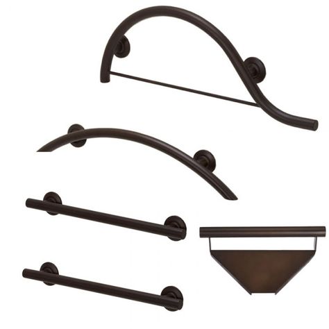 Designer grab bar bathroom package in oil rubbed bronze. This set of 5 useful grab bars will make your bathroom safe and beautiful. A towel rail grab bar and a corner shelf grab bar add functionality to your bathroom design. Grab Bar Towel Rack, Grab Bars In Shower Walk In, Wetroom Ideas, Shower Update, Bathroom 2023, Deep Tub, Disabled Bathroom, Shower Grab Bar, Ada Bathroom