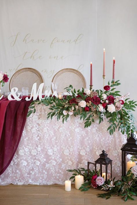 Pink And Burgundy Wedding, Reception Table Centerpieces, Burgundy And Blush Wedding, Head Table Decor, Sweetheart Table Wedding, Marsala Wedding, Table Centerpiece Decorations, Reception Table Decorations, Vintage Wedding Decorations