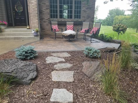 Front Yard Patio With Pergola, Front Yard Brick Patio, Front Yard Conversation Area, Sitting Area Front Of House, Front Yard Small Patio, Front Yard Landscaping With Seating Area, Paver Patio Front Yard, Uncovered Front Patio, Front Yard Landscape With Sitting Area