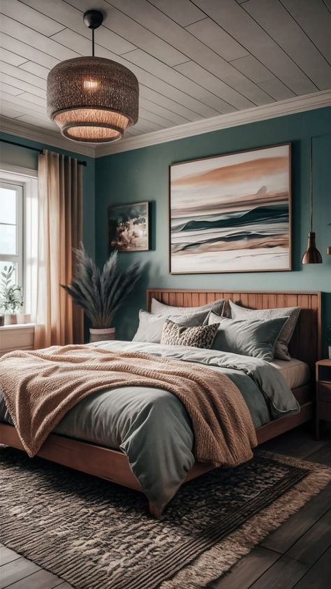 Earthy Teal Bedroom, Master Bedrooms Decor Ocean, Modern Ocean Bedroom, Rustic Beach Bedroom Ideas, Moody Coastal Bedroom, Master Bedrooms Bedding, Attic Bedroom Ideas Master, Calming Bedroom Ideas, Calm Bedroom Ideas