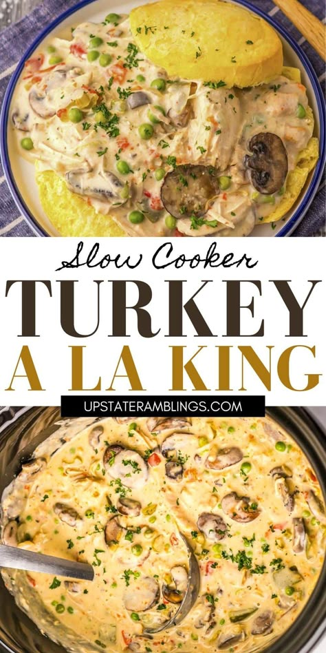 Bring back the nostalgia of home-cooked meals with this Slow Cooker Turkey A La King! This easy recipe features tender turkey in a luscious sauce, making it the ideal comfort food for any occasion. Perfect for meal prep or cozy family dinners, it’s sure to become a favorite at your table! Slow Cooker Chicken A La King, Cream Turkey Recipe, Turkey A La King Recipes, Leftover Turkey Recipes Crockpot, Turkey In Crockpot, Creamed Turkey Recipe, Slow Cooker Recipes Turkey, Turkey A La King, Turkey Leftover Recipes