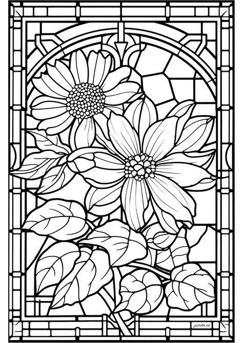 Pretty flowers represented in a virail - JustColor.net : Free adult printable coloring pages A4 Coloring Pages, Stained Glass Coloring Pages Printables, Stainglass Flower Patterns, Free Adult Coloring Printables Flowers, Stained Glass Colouring Pages, Stain Glass Flower Pattern, Stained Glass Drawing Line Art, Pretty Coloring Pages, Mosaic Coloring Pages