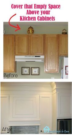 How to close the space above the kitchen cabinets with MDF and moldings...add colored strips: Above The Kitchen Cabinets, Close Kitchen, Kitchen Cabinets Before And After, Space Above Kitchen Cabinets, Casa Disney, Casa Clean, Above Kitchen Cabinets, Oak Kitchen Cabinets, Decor Ikea