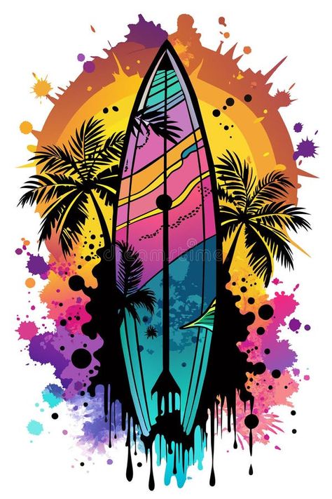 A surfboard stands vertically with a vibrant design featuring a beach sunset and ocean waves royalty free stock photos Ocean Waves Illustration, Sunset And Ocean, Waves Illustration, Elephant Painting Canvas, Surfboard Stand, Beach Sublimation, Surf Tattoo, Up Pixar, Surfboard Design