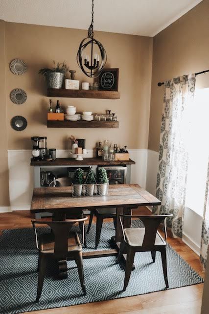 Dining Room Decor With Bar, Dining Room Bar Decor, Small Dining Room Coffee Bar, Small Dining Room With Coffee Bar, Coffee Bar Seating Area, Dinning Room With Coffee Station, Coffee Corner In Dining Room, Coffee Corner In The Living Room, Small Rustic Dining Room Ideas