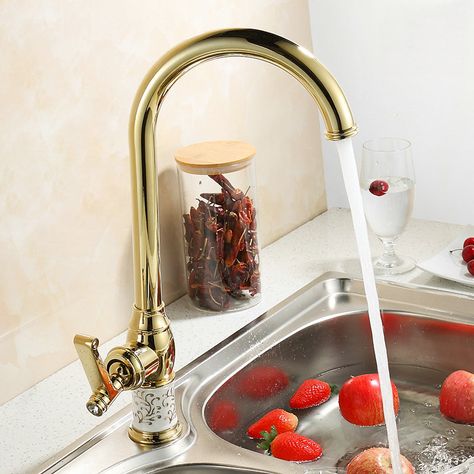 Auswind Gold Polish Faucet Ceramic Kitchen Faucets 360 Swivel Faucet Brass Mixer Tap Hot Water Tap, Washing Basin, Brass Kitchen Faucet, Golden Copper, Basin Mixer Taps, Cold And Hot, Ceramic Kitchen, Bathroom Products, Kitchen Sink Faucets