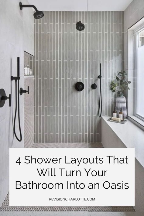 These luxury (and simple) shower remodels will turn your bathroom design into an oasis! Click through for the 4 shower layouts we love for our bathroom remodel clients. We offer bathroom makeovers and design in the Greater Charlotte, North Carolina area. luxury bathroom design, shower aesthetic Luxury Bathroom Tile Ideas, Tiled Shower Small Bathroom, Dream Primary Bathroom, Main Bath Remodel, 14x8 Bathroom Layout, Bathroom Remodel No Tub Master Bath, Best Bathroom Layout, Soothing Master Bath, Shower Valve Placement Ideas