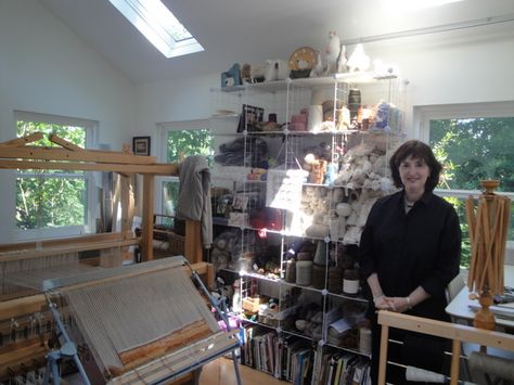 Weaving studio in back yard. Somewhat connected to the house with a deck. And skylights! Tea And Snacks, Weaving Room, Weaving Studio, Studio Weave, Textile Studio, Sewing Room Design, Rigid Heddle Weaving, Weaving Looms, Studio Spaces