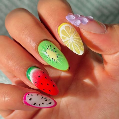 Fruity Nails, Summertime Nails, Watermelon Nail Designs, Fruit Nail Designs, Fruit Nails, Fruit Nail, Fruit Nail Art, Watermelon Nails, Cute Nail Art Designs