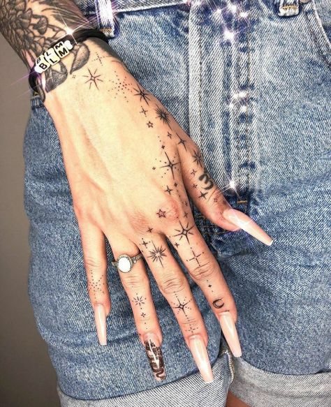 Badass Hand Tattoos For Women, Galaxy Hand Tattoo, Star Hand Tattoos For Women, Hand Tattoos Stars, Stars Hand Tattoo, Edgy Hand Tattoos, Hand Tats For Women, Sparkle Hand Tattoo, Pretty Hand Tattoos For Women