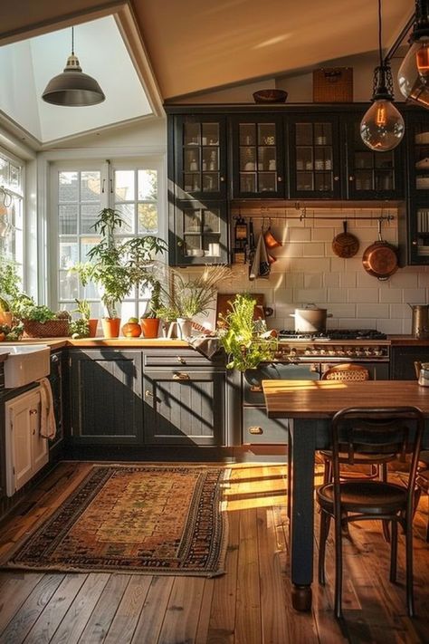 Black Kitchen With Pops Of Color, Farmhouse Kitchen With Windows, Creole Cottage Kitchen, Modern Home With Color, Colorful Farmhouse Interior, Moody Bright Kitchen, Home With Personality, Houses With Personality, House Design Colorful