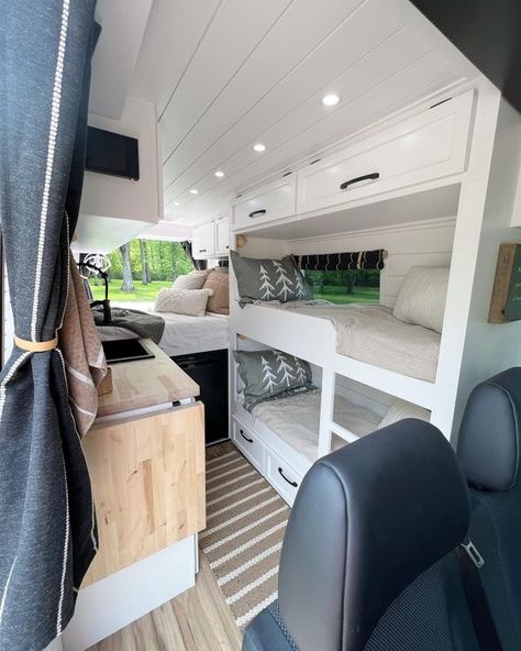 Campervan Interior Family, Van Build For Family Of 4, 4 Bed Campervan, Camper Van Conversion Diy Family, Family Of 4 Camper Van, 4 Birth Campervan Conversion, Van Bunk Bed Ideas, Camper Van 2 Beds, Can Camper Conversion