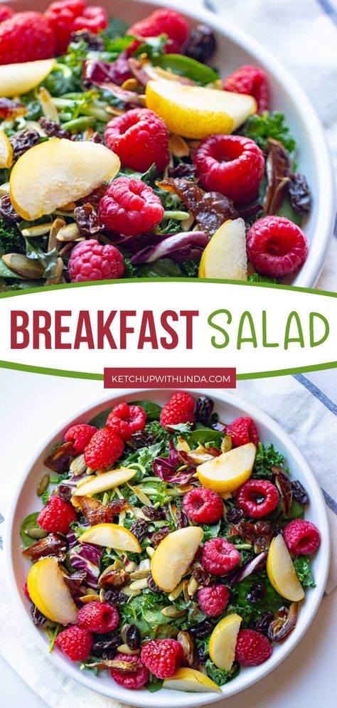 Start your day bright and fresh with this delicious Breakfast Salad! Made with blueberries, raspberries, dates, apple, almonds or walnuts, raisins, mixed greens, salad dressing, and cheese crisp, it's a healthy and hearty vegetarian breakfast! Save this pin! Vegan Breakfast Salad, Breakfast Greens Salad, Salads For Breakfast, Salads For Brunch Ideas, Salad For Breakfast Mornings, Breakfast Side Salad, Brunch Salads Spring, Breakfast Salad Recipes, Brunch Salad Ideas