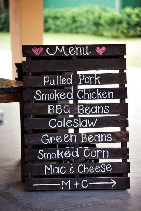 Creative Wedding Sign, Bbq Wedding Reception, Backyard Bbq Wedding, Country Wedding Inspiration, Pallet Wedding, I Do Bbq, Country Theme Wedding, Reception Food, Bbq Wedding