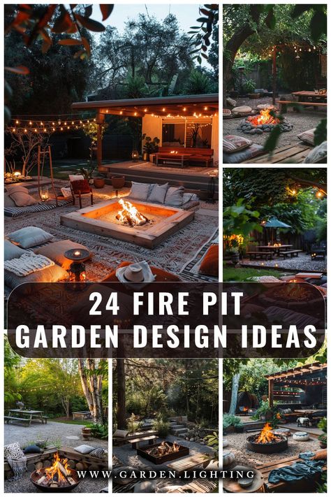 a collage of photos of a fire pit with a fire in it Outside Fire Pit Ideas Backyard Landscaping, Outdoor Fire Pit With Lights, Backyard Fire Pit And Grill Area, Fire Pit Oasis, Farmhouse Firepits Backyard Ideas, Fire Pit With Deck Around It, Farmhouse Fire Pit Ideas Backyard, Firepits Backyard Ideas Rustic, Landscaping Fire Pit Ideas