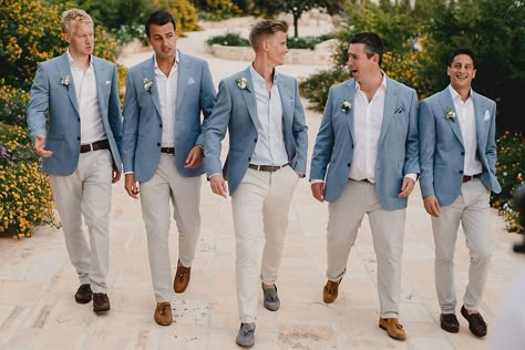 Grooms Suit Beach Wedding, Groomsmen Attire 2023, Summer Beach Wedding Groomsmen, Men Suit Beach Wedding, Wedding Suits Men Beach, Beach Men Wedding Attire, Cream And Blue Groomsmen, Blue And Tan Suit Wedding, Beach Wedding Suits For Men Summer