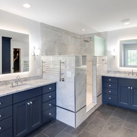 Eased Edge Countertop, Doorless Shower Ideas, Super White Granite, Navy Vanity, Bathroom Granite, Doorless Shower, Gray And White Bathroom, Tv In Bathroom, Blue Vanity