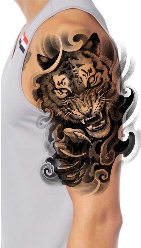 Shoulder Tattoo For Men, Neo Japanese, Lion Art Tattoo, Mens Shoulder Tattoo, Koi Fish Tattoo, Arm Design, Japan Tattoo, Japanese Tattoo Designs, Tattoo Arm