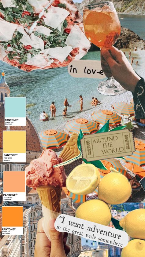 Orange Blue Aesthetic, Blue Aesthetic Moodboard, Picture Decorations, Pantone Orange, 70s Bedroom, Italian Beach, Hd Photography, Moodboard Collage, Travel Collage