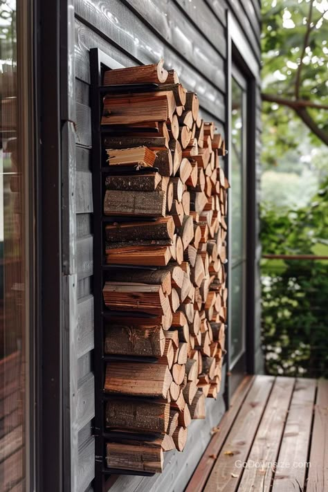 27 Outdoor Firewood Storage Ideas That Look Amazing | GoDownsize Aesthetic Wall Shelves, Outdoor Firewood Storage Ideas, Wood Holder For Fireplace, Fire Place Outdoor, Indoor Log Storage, Landscape Fire Pit, Wood Storage Ideas, Outdoor Firewood Storage, Firewood Storage Ideas