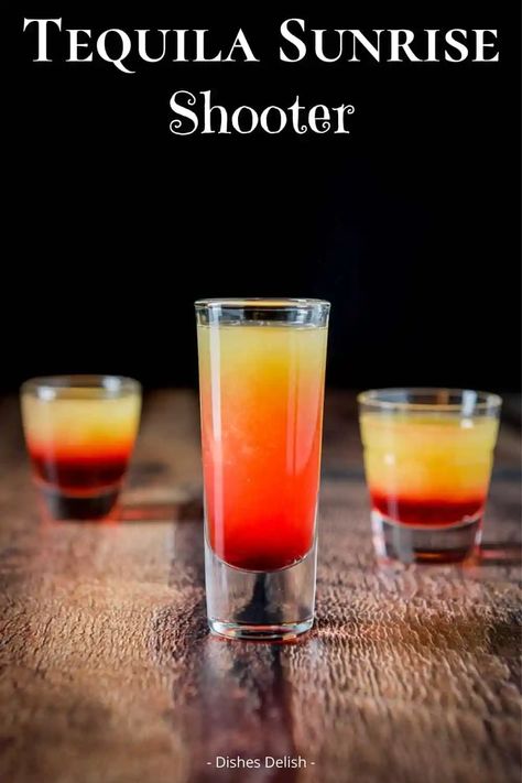 Shot drinks are great fun for parties but they don’t have to be just a boring slug of plain alcohol. With this tequila sunrise shot, you get all the flavor of the classic tequila sunrise cocktail in a short and sharp shooter style drink. Find out how to make it using just three ingredients in my new blog post! Tequila Mix, Tequila Sunrise Recipe, Friday Cocktails, Shots Alcohol Recipes, Layered Shots, Tequila Sunrise Cocktail, Shooter Recipes, Sunrise Cocktail, Halloween Shots